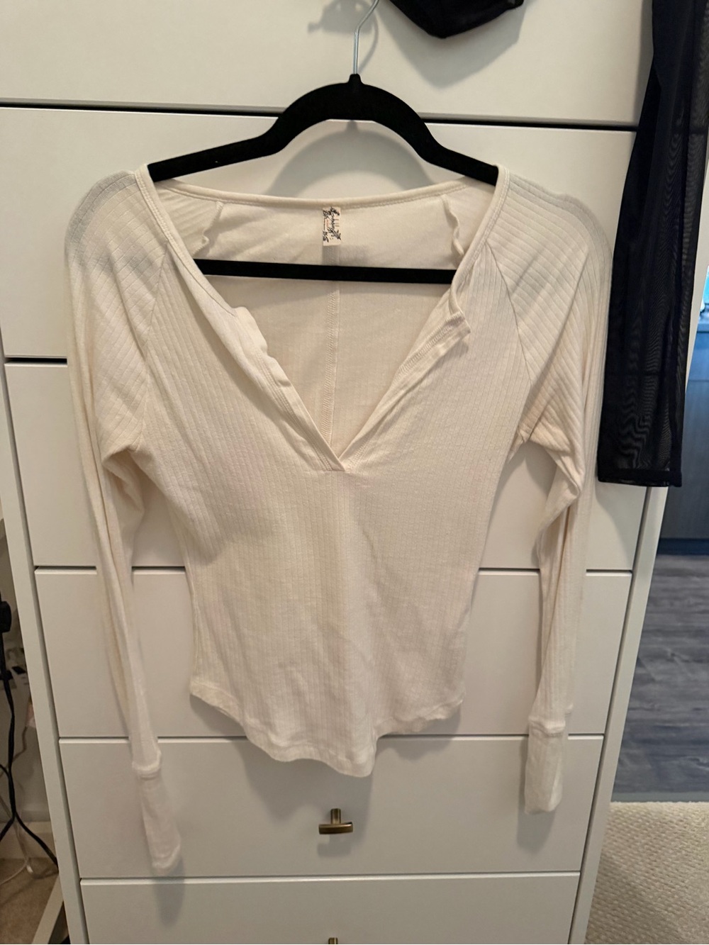 Free People Off-White Ribbed V-Neck Long Sleeve Top